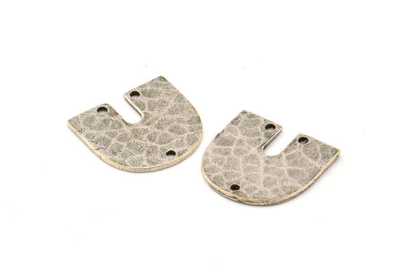 Silver Geometric Charm, 4 Hammered Antique Silver Plated Brass U Shaped Pendants With 3 Holes, Charms, Findings (18x17x1mm) N0924