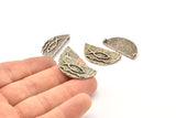Silver Ethnic Pendant, 2 Antique Silver Plated Brass Semi Circle Fish Figure Pendants With 2 Loops (29x15mm) E671