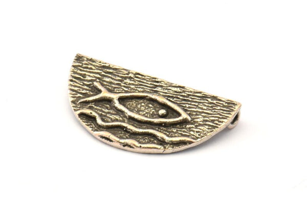 Silver Ethnic Pendant, 2 Antique Silver Plated Brass Semi Circle Fish Figure Pendants With 2 Loops (29x15mm) E671