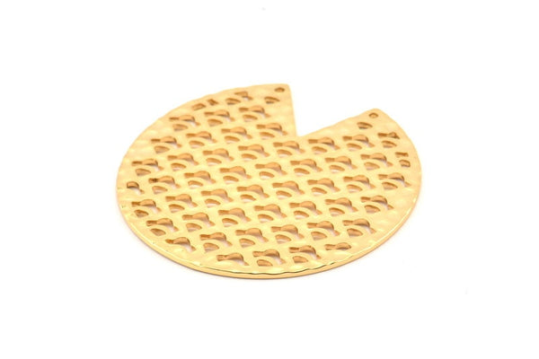 Gold Round Charm, Hammered Gold Plated Brass Pizza Slice Charms With 2 Holes, Pendants, Connectors (45x1mm) D1030