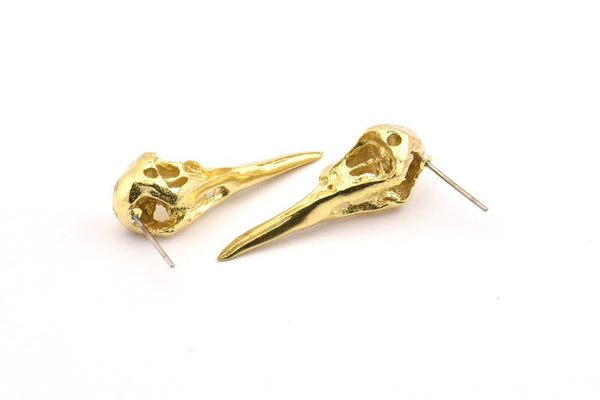 Bird Skull Earring, 2 Raw Brass Bird Skull Stud Earrings (32x11x10mm) N0492 A1290