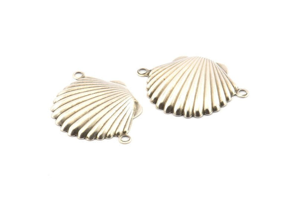 Silver Shell Charm, 12 Antique Silver Plated Brass Sea Shell Charm With 2 Loops, Pendants, Connectors, Findings (20x28mm) D1053