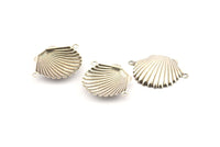 Silver Shell Charm, 12 Antique Silver Plated Brass Sea Shell Charm With 2 Loops, Pendants, Connectors, Findings (20x28mm) D1053