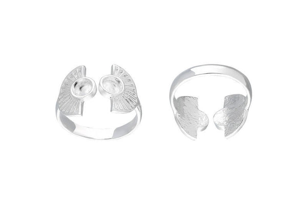 Silver Ring Settings, 925 Silver Half Moon Ring With 2 Stone Setting - Pad Size 4mm E635