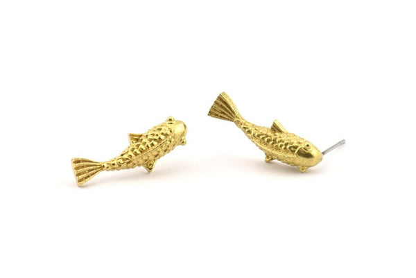 Brass Koi Fish Earring, 6 Raw Brass Koi Fish Stud Earrings, Jewelry Supplies, Findings (24x8mm) N0422 A1205
