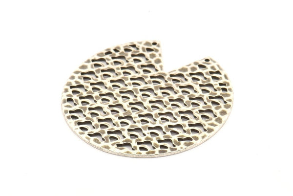 Silver Round Charm, 2 Hammered Antique Silver Plated Brass Pizza Slice Charms With 2 Holes, Pendants, Connectors (45x1mm) D1030