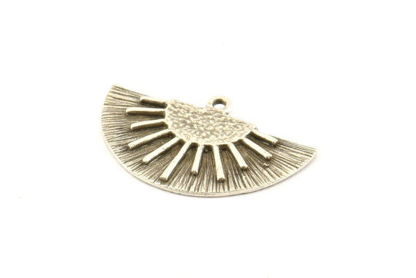 Silver Sun Pendant, 2 Antique Silver Plated Brass Textured Sunny Pendants With 1 Loop, Charms, Earrings, Findings (30x18mm) N1013