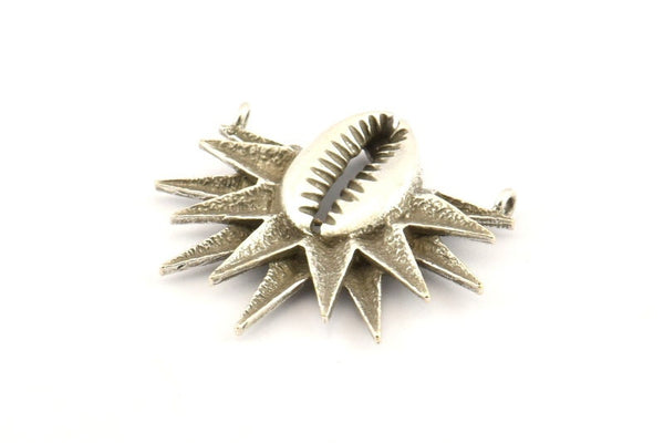 Silver Shell Pendant, Antique Silver Plated Brass Cowrie Shell Pendants With 2 Loops, Charms, Findings (34x31mm) N1008