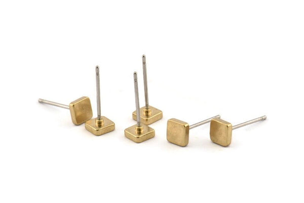 Brass Square Earring, 12 Raw Brass Square Stud Earrings (5mm) D1449