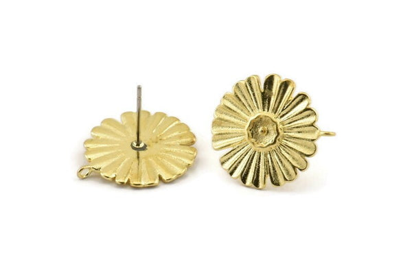Brass Flower Earring, 4 Raw Brass Flower Stud Earrings (17x1mm) N1171
