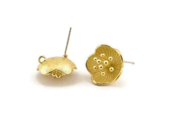 Brass Flower Earring, 2 Raw Brass Flower Stud Earrings With 1 Loop (16mm) N1215