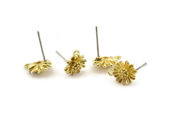 Brass Flower Earring, 12 Raw Brass Flower Stud Earrings With 1 Loop (9x11mm) N1166