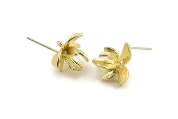 Brass Flower Earring, 4 Raw Brass Flower Stud Earrings With 1 Loop (15x14mm) N1204