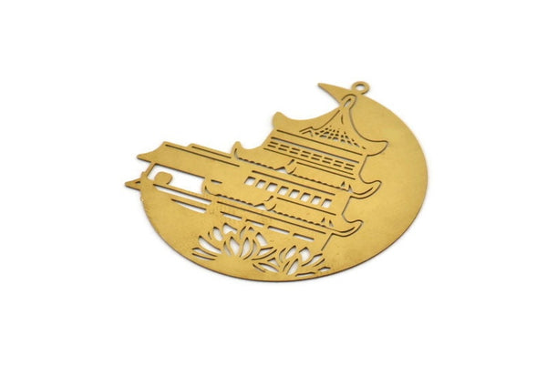 Brass Round Charm, 10 Raw Brass Chinese House Patterned Charms With 1 Loop, Findings, Earrings (40x39x0.30mm) D1429