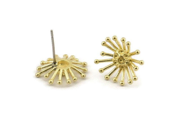 Brass Flower Earring, 6 Raw Brass Taraxacum Stud Earrings (14mm) N1182