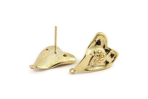 Gold Rose Earring, 4 Gold Plated Brass Rose Motif Stud Earrings With 1 Loop (20x13mm) N1222