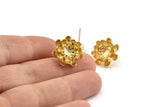 Gold Flower Earring, 2 Gold Plated Brass Flower Stud Earrings With 1 Loop (18mm) N1192