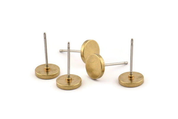 Brass Round Earring, 12 Raw Brass Round Stud Earrings (8mm) D1461