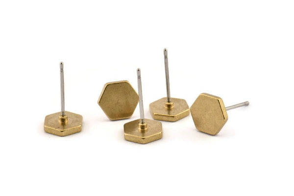Brass Hexagon Earring, 12 Raw Brass Hexagon Stud Earrings (8mm) D1460