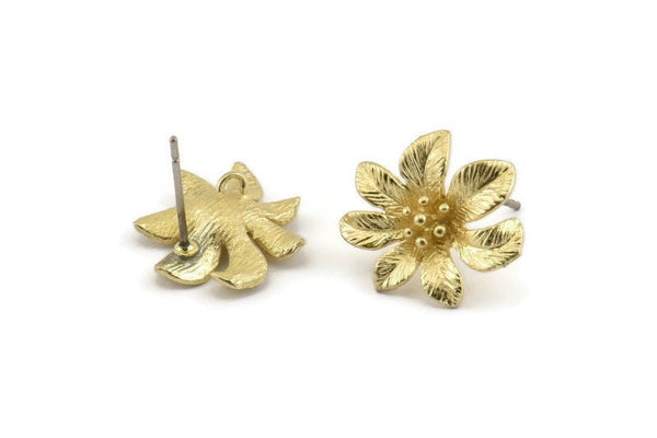 Brass Flower Earring, 6 Raw Brass Flower Stud Earrings (16x15mm) N1169