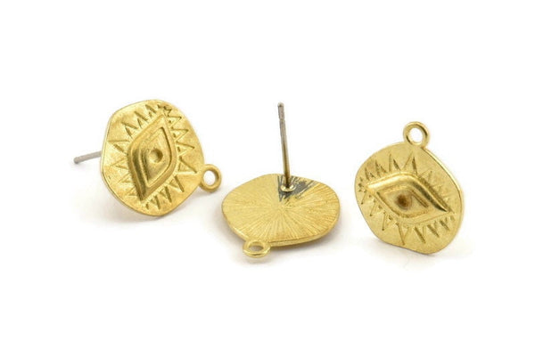 Brass Eye Earring, 6 Raw Brass Eye Stud Earrings With 1 Loop (13x15mm) N1170