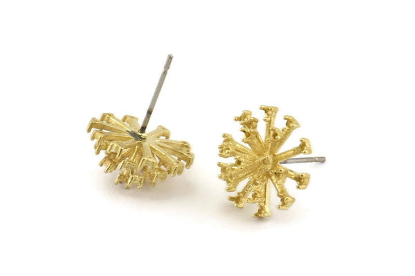 Brass Flower Earring, 6 Raw Brass Taraxacum Stud Earrings With 1 Loop (14mm) N1180