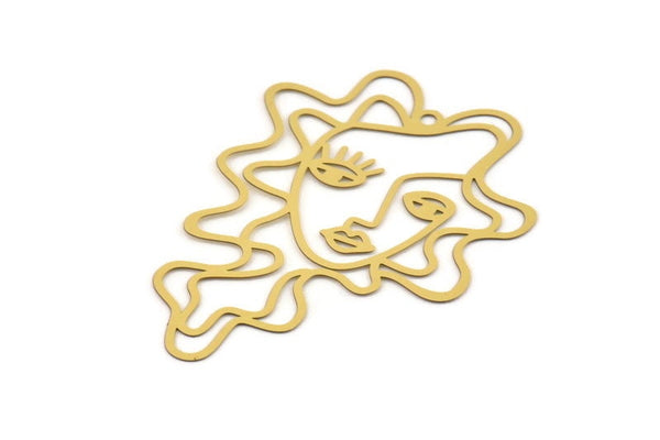 Brass Face Charm, 6 Raw Brass Girl Face Charms With 1 Hole, Findings (59x43x0.40mm) D1687
