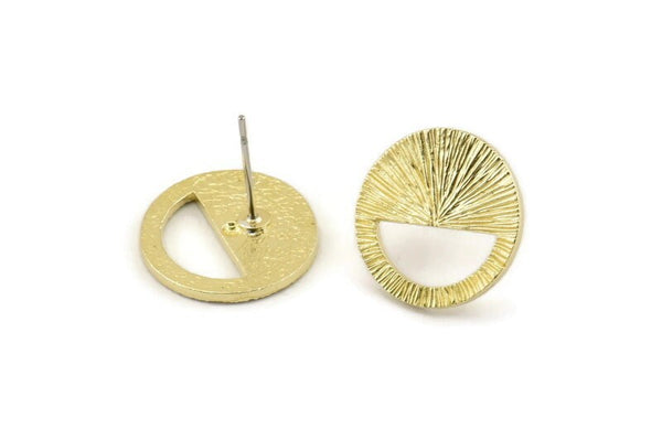 Brass Round Earring, 4 Textured Raw Brass Half Moon Stud Earrings (16x1.2mm) N1261