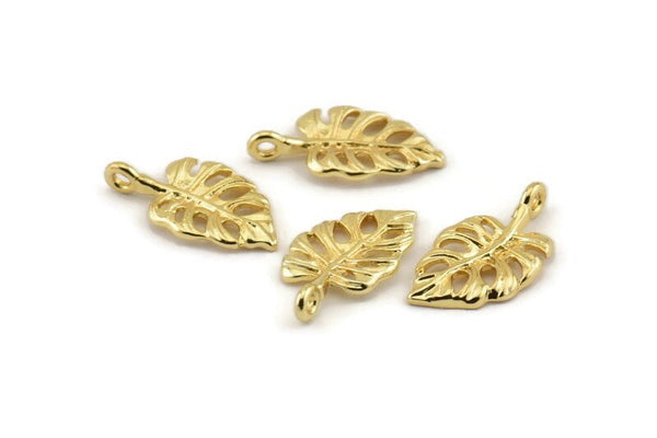 Gold Leaf Charm, 4 Gold Plated Brass Leaf Charms With 1 Loop, Earrings, Findings (19x10x1.5mm) N1189 H1056