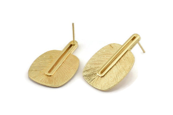 Gold Earring Post, 2 Posts Gold Plated Brass Textured Earrings (32x21x1mm) N1163