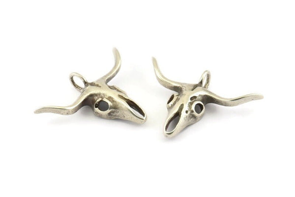 Ox Head Skull Pendant, 2 Antique Silver Brass Ox Head Skull Charms With 1 Loop, Pendants (38x29mm) N0151 H1196