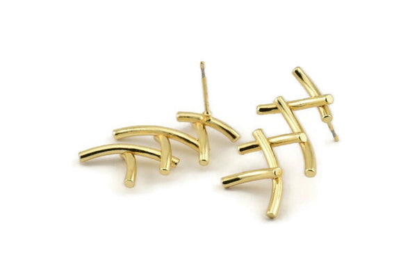 Gold Fence Earring, 2 Gold Plated Brass Fence Stud Earrings (27x20x2mm) N1239