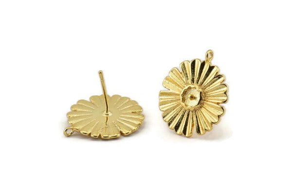 Gold Flower Earring, 2 Gold Plated Brass Flower Stud Earrings (17x1mm) N1171
