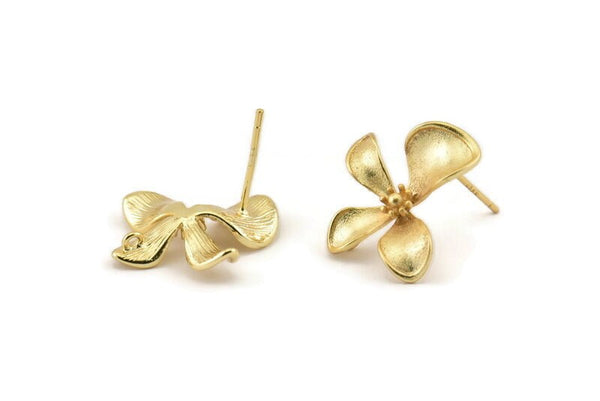 Gold Flower Earring, 4 Gold Plated Brass Flower Stud Earrings (17mm) N1197