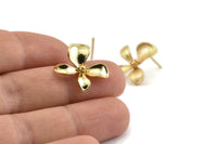 Gold Flower Earring, 4 Gold Plated Brass Flower Stud Earrings (17mm) N1197