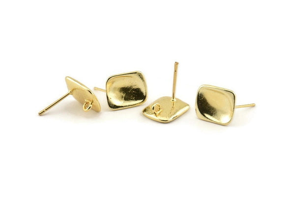Gold Rectangle Earring, 4 Gold Plated Brass Rectangle Stud Earrings With 1 Loop (13x11mm) N1219