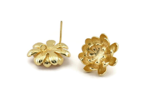 Gold Flower Earring, 2 Gold Plated Brass Flower Stud Earrings With 1 Loop (18mm) N1192