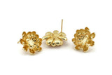 Gold Flower Earring, 2 Gold Plated Brass Flower Stud Earrings With 1 Loop (18mm) N1192