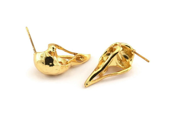 Gold Bird Earring, 2 Gold Plated Brass Bird Skull Stud Earrings (26x11x6mm) N0958