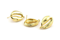Gold Shell Earring, 2 Gold Plated Brass Cowrie Shell Stud Earrings With 1 Loop, Findings (25x17mm) N0911