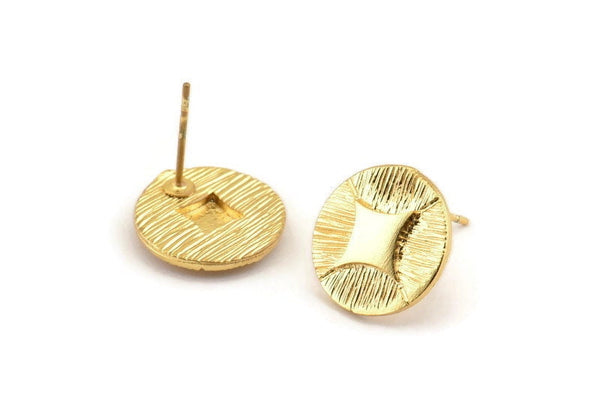 Gold Earring Posts, 2 Gold Plated Brass Round Earring Stud (15mm) N795