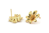 Gold Flower Earring, 4 Gold Plated Brass Flower Stud Earrings (16x15mm) N1169