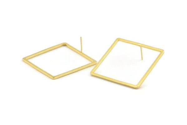Gold Square Earring, 2 Gold Plated Brass Square Stud Earrings (35x1.5mm) D1566
