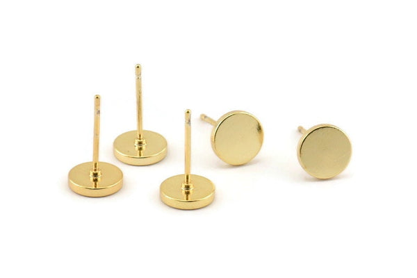 Gold Round Earring, 6 Gold Plated Brass Round Stud Earrings (8mm) D1461