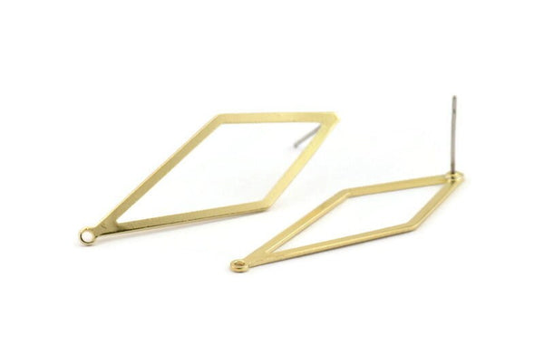 Brass Diamond Earring, 8 Raw Brass Rhombus Stud Earrings With 1 Loop (42x14x0.80mm) D0773 A1400