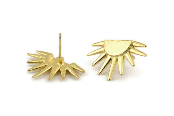 Gold Sun Earring, 2 Gold Plated Brass Sunshine Stud Earrings (19x29mm) N0963 H0100