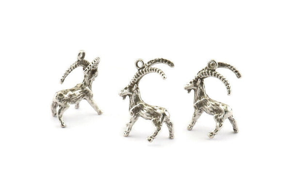 Silver Goat Charm, 4 Antique Silver Plated Brass Mountain Goat Charm Earrings With 1 Loop, Pendants, Findings (17x20mm) N0999