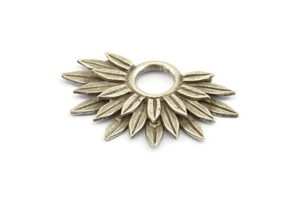 Silver Sunflower Charm, 2 Antique Silver Plated Brass Flower Charms, Pendants, Earrings, Findings (38x24mm) N0947