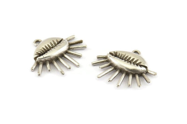 Silver Shell Charm, 2 Antique Silver Plated Brass Cowrie Shell Charms With 1 Loop, Findings, Pendants, Earrings (27x23mm) N1000