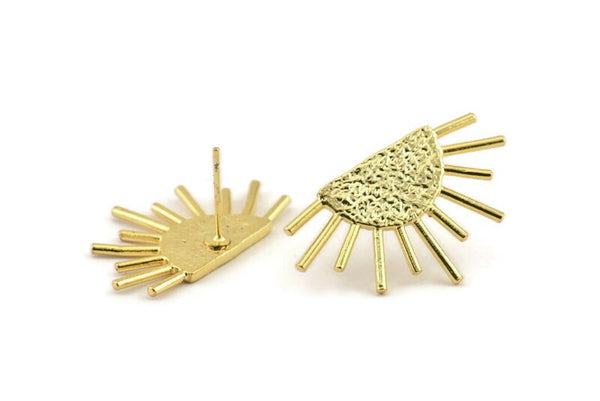 Gold Sun Earring, 2 Gold Plated Brass Sunshine Stud Earrings (29x17mm) N0903